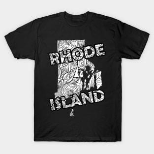 Mandala art map of Rhode Island with text in white T-Shirt